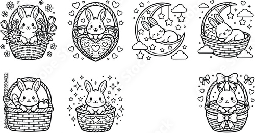 Hand drawn black line art close up eight bunny baskets with flowers moon and stars sleeping and smiling in cute easter coloring page composition simple outline