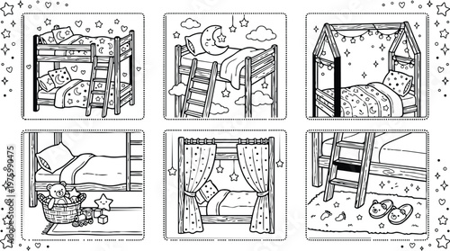 Whimsical line art children s bunk bed set close up ladder canopy bed pillows toys curtains stars moon nighttime nursery coloring page with cozy details playful