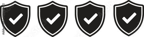 Four black shield icons with white checkmarks representing security protection and trustworthiness in a minimalist design