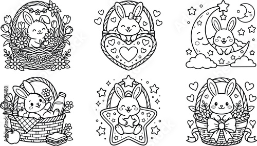 Cute easter coloring page set close up six bunny baskets with hearts stars moon flowers picnic items and bow line art illustration smiling outline for children
