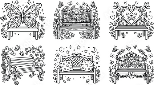 Line art coloring book collage of six decorative wooden benches with butterflies floral motifs heart cushion stars moon and ornate carved details front view close up