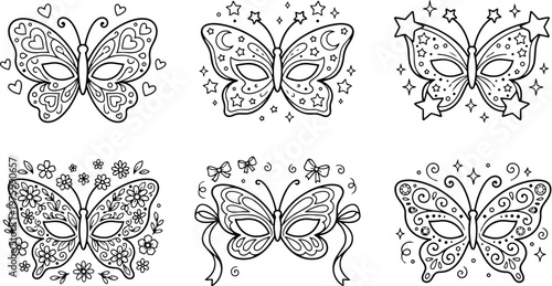 Hand drawn ornate butterfly masks set six decorative coloring page designs close up symmetrical masks with stars flowers ribbons and swirls line art vector outline illustration