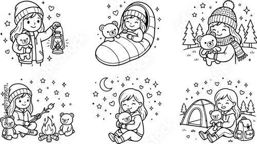 Hand drawn line art girl with teddy camping scenes set of six vignettes showing lantern campfire sleeping bag tent forest night stars hugging backpack scarf hearts