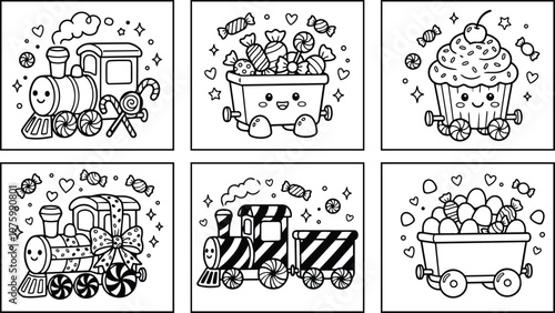 Kawaii line art close up smiling candy train and wagons with lollipops cupcake cart hearts stars coloring page black outline cheerful