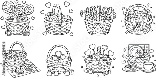 Hand drawn coloring page of eight wicker baskets filled with cupcakes lollipops candy and treats in close up flat lay with hearts ribbons and stars outline