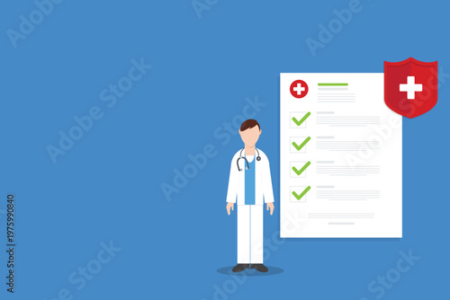 Health Insurance Approval Concept with Doctor Checklist and Medical Protection Shield