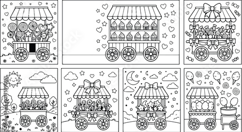 Black and white coloring page collage of eight candy carts with lollipops cupcakes bows cotton candy moon stars heart decorations close up top angle playful whimsical