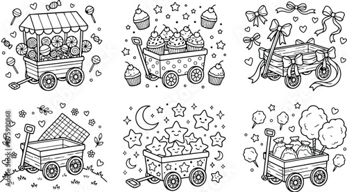 Line art close up six whimsical wagon illustrations filled with candy cupcakes stars bows and picnic blanket black and white coloring page sheet playful children detailed