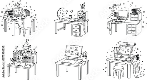 Whimsical hand drawn study desk set from multiple angles showing castle toy moon decor open books pencils monitor and stool in monochrome line art clean composition