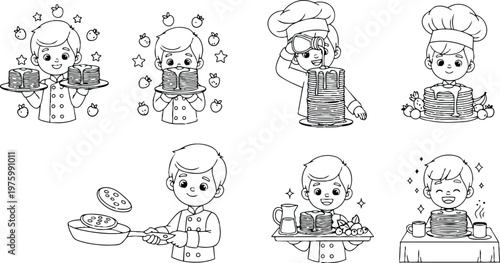 Cute line art set of boy chef illustrations making and serving pancakes in different poses close up smiling looking at camera holding plate flipping pancakes stack