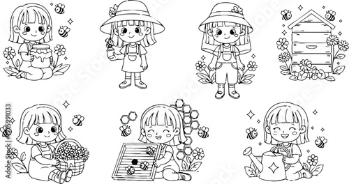 Cute line art pages showing smiling young girl beekeeper in straw hat in various poses harvesting honey watering plants with bees beehive basket gardening activities playful