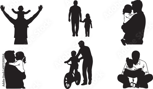 Father and child silhouette collection, set of 6 black vector icons of dad and daughter bonding, parenting and fatherhood concept graphics