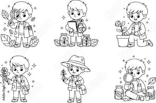 Line art children activity set showing young boy with magnifying glass notebook and jars planting flower holding bloom explorer hat various angles close up illustrations cute