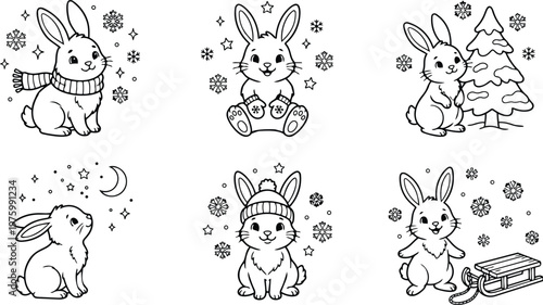 Cute winter bunny coloring page set six hand drawn line art rabbits wearing scarf hat mittens by tree sled snowflakes stars moon playful composition outline portrait