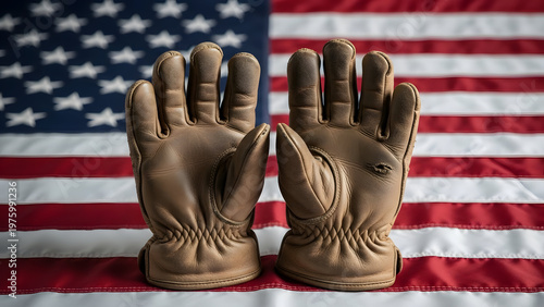 Labor day tribute worn work gloves against american flag honoring workers