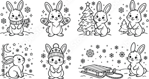 Cute line art bunny characters in winter coloring page set showing smiling rabbits wearing scarf mittens and hat near tree sled and snowflakes festive christmas scene