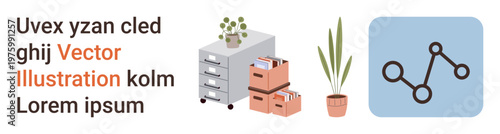 Office management, document storage, business workflow, productivity, data flow, organization. Filing cabinets, boxes plants and a flowchart on blue background. Office management and document