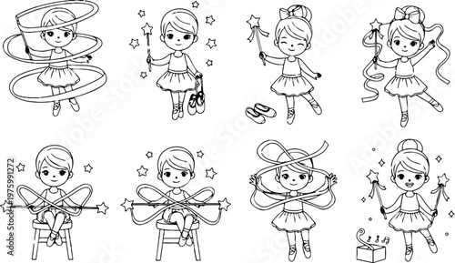 Line art coloring page eight ballet girls with ribbons and wands performing varied poses front facing smiling holding ballet shoes and music box playful illustration