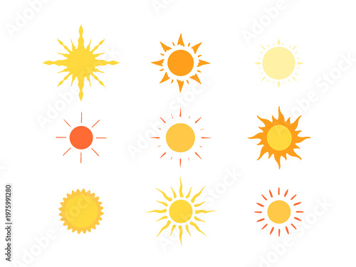 Cute Sun Vector Set in Flat Style, Yellow and Orange Sunshine Icons