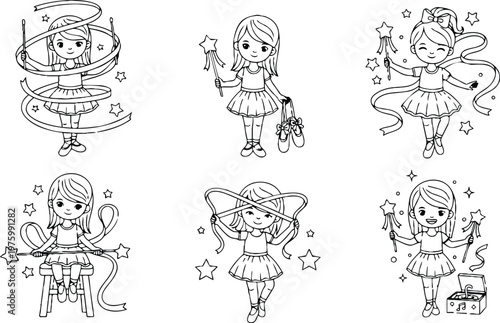 Cute line art set of six little girls twirling ribbons and holding wands in ballet tutus variety of poses front view whimsical illustration smiling sitting jumping