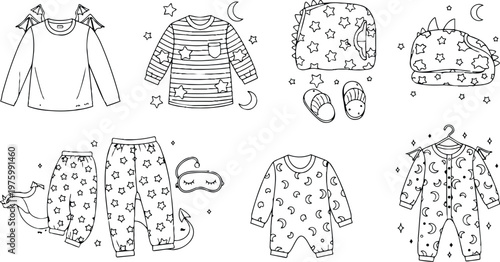 Hand drawn children nightwear set flat lay with dragon wings and star print onesie pajamas sleeping mask slippers moon motifs overhead view soft line art minimal
