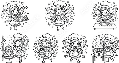 Cute fairy chef characters multiple baking poses carrying cupcakes mixing bowl decorating cake holding basket pastry table whimsical line art illustrations black and white coloring pages