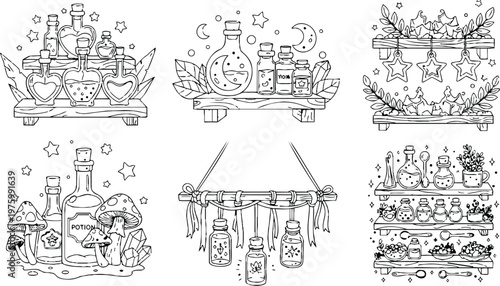 Line art illustration close up wooden shelf with potion bottles mushrooms hanging jars crystals stars moon motifs leaves rustic apothecary arrangement viewed from slight low angle