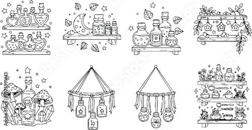 Hand drawn line art shelves with potion bottles mushrooms crystals hanging jars moon and herbs arranged in whimsical apothecary composition with delicate stars ink pen illustration