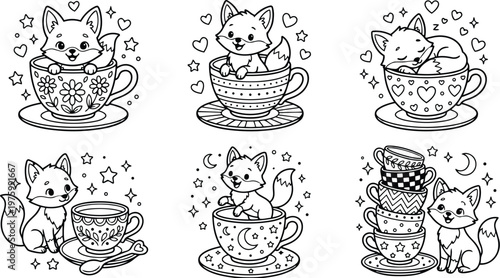 Cute line art foxes in teacups six playful scenes close up top view smiling sleeping stacking cups coloring page for children whimsical black and white illustration
