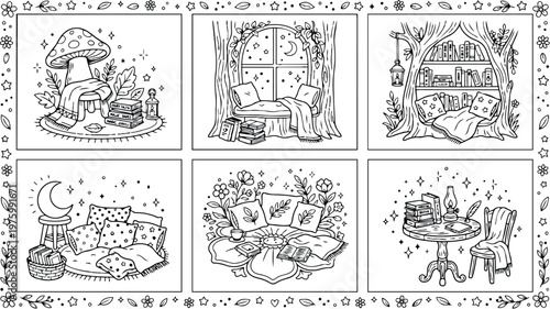 Line art coloring page six panel whimsical reading nooks with mushroom window seat book pile lantern cushions blanket moon light stars cozy serene soft lighting