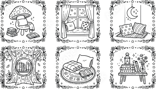 Hand drawn cozy reading nook illustrations six framed panels showing mushroom chair window seat tree bookshelf floor cushion lantern books and floral borders in line art