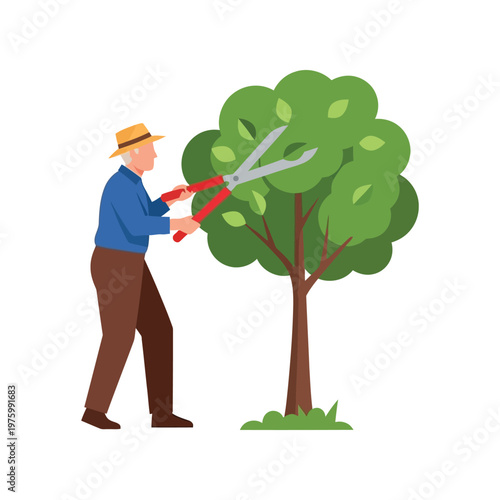 Man pruning tree with large red shears in flat illustration style for gardening or landscaping