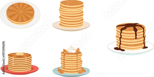 Variety of Pancakes with Syrup and Toppings Vector Illustration for Breakfast and Food Designs