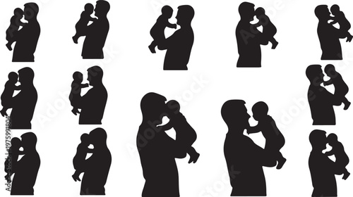 Father and baby silhouette collection, set of 13 dad holding infant vector icons, black and white parenting silhouettes for family greeting cards