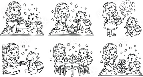 Cute line art close up girl pouring tea for baby dragon during picnic on rug with cupcakes cookies tea set smiling looking at camera black white