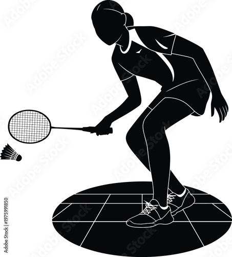 Dynamic silhouette of badminton player in action pose hitting shuttlecock on circular tiled court, showcasing agility, precision, athletic sports energy, competitive motion, and fitness lifestyle.