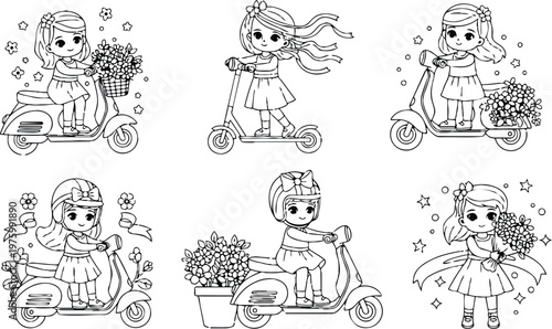 Cute line art coloring page set of six girls riding scooters and holding bouquets close up various angles with floral baskets and joyful expressions smiling playful