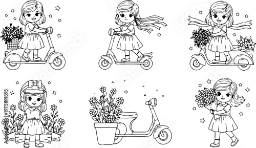 Whimsical line art girl riding vintage scooter with flower basket and bouquet looking at camera wearing helmet and dress set of six coloring page scenes cute