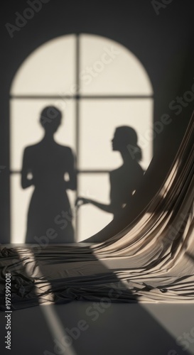 Shadow play of two women in elegant dresses behind a window