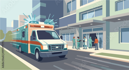 Emergency Ambulance Arriving at Modern Hospital Building Entrance with Medical Staff and Doctors Waiting for Patient Delivery, Vector Illustration of Healthcare and Urgent Medical Service Concept