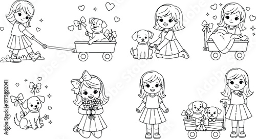 Line art coloring page set of cheerful little girl with puppy in wagon and flowers various poses full body illustrations looking at camera playful adorable spring