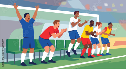 Diverse football fans and players cheering passionately from the stadium bench during an intense soccer match