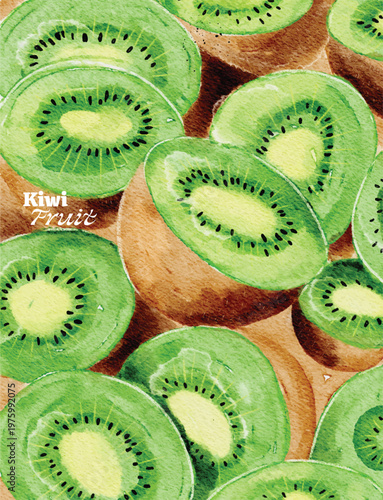 Watercolor artistic background featuring fresh kiwi fruit slices and half kiwis tropical green fruit