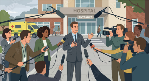 Spokesperson or official giving a press conference to journalists and news media outside a hospital entrance with an ambulance
