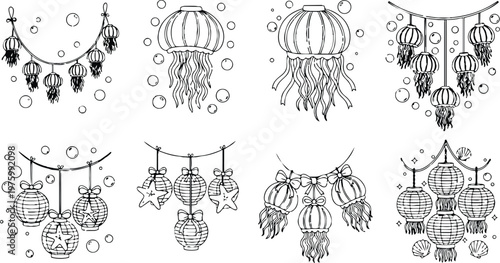 Hand drawn line art close up hanging sea lantern garland with jellyfish shaped lanterns starfish shells bubbles overhead tied ribbons delicate outline for coloring book page