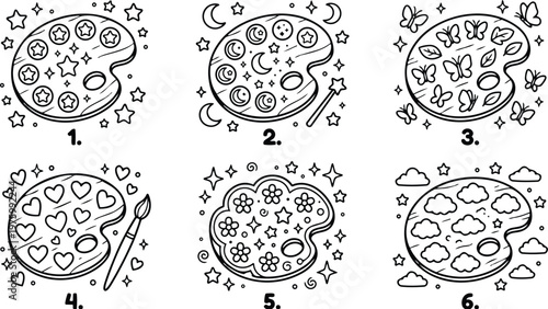 Coloring book line art close up six themed paint palettes in grid with paintbrush beside heart palette whimsical stars moons butterflies clouds flowers outline numbered illustration