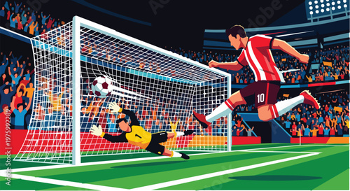 Soccer Player Striking Ball into Net to Score a Goal against Goalkeeper in a Packed Stadium with Fans Illustration