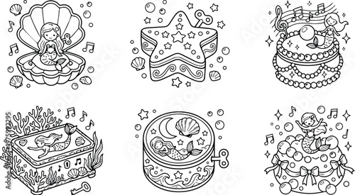 Line art coloring page set with six mermaid music and treasure box cake star and shell illustrations in black and white hand drawn playful detailed