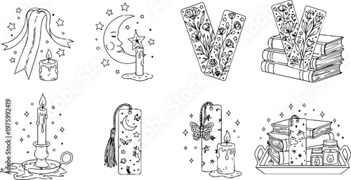Hand drawn line art bookmarks candles moon ribbon floral letter v stacked books tray close up top view magical reading still life illustration delicate detailed outline