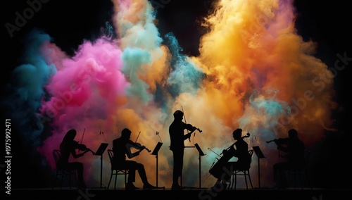 Silhouetted string quintet performs against a vibrant, colorful cloud of smoke on a dark stage.